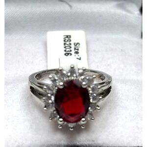 Elegant Silver Ring With Red Gemstone & Diamond Accents Size  9